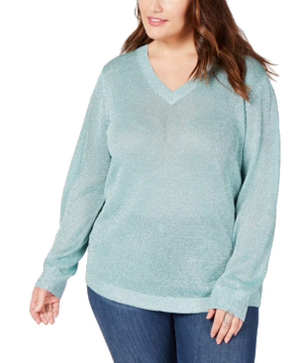 Plus Size V Neck Metallic Sweater