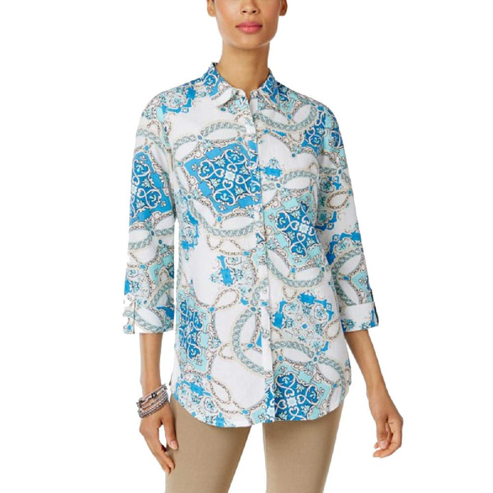 JM Collection Printed Roll Tab Shirt
