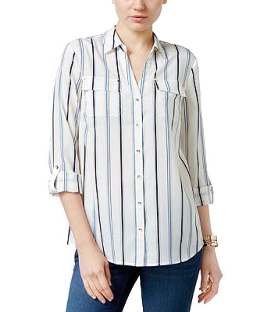 Charter Club Petite Striped Roll Tab Shirt