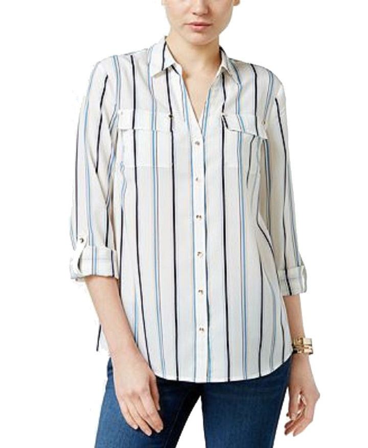 Charter Club Petite Striped Roll Tab Shirt