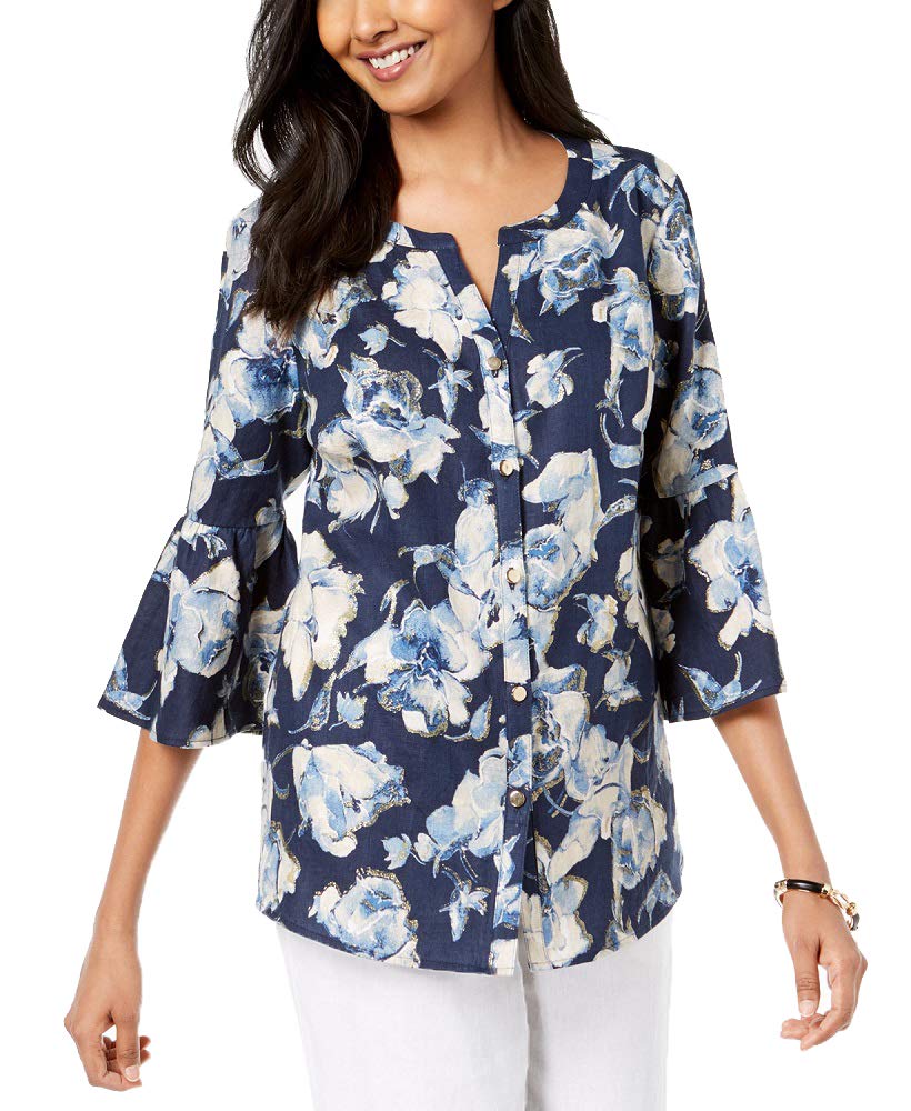 JM Collection Linen Floral Print Bell Sleeve Shirt