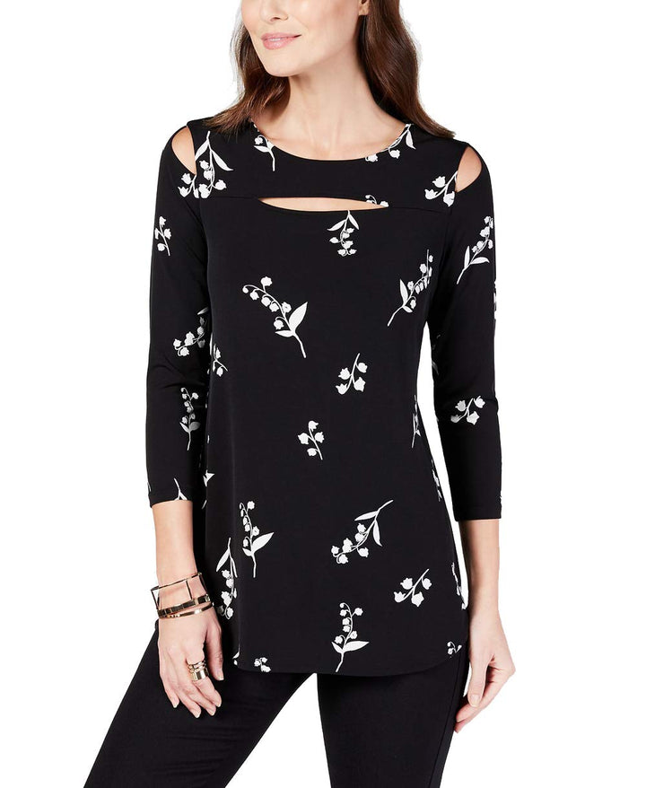 Petite Printed Cutout-Neck Cold-Shoulder Top