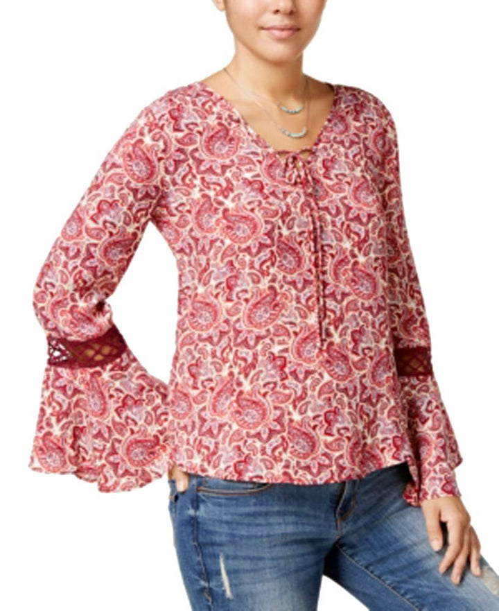 Hippie Rose Juniors Printed Crochet Bell Sleeve Top