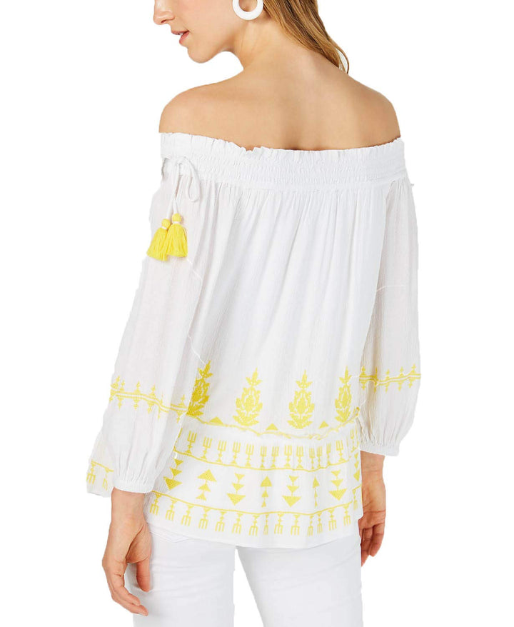 Smocked Embroidered Off The Shoulder Top
