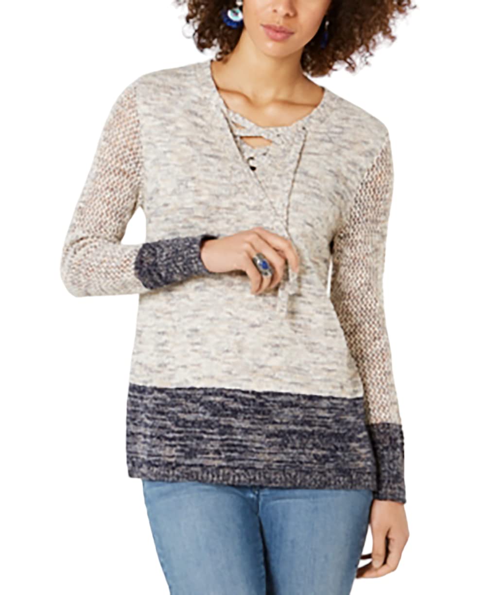 Pointelle-Sleeve Lace-Up Sweater