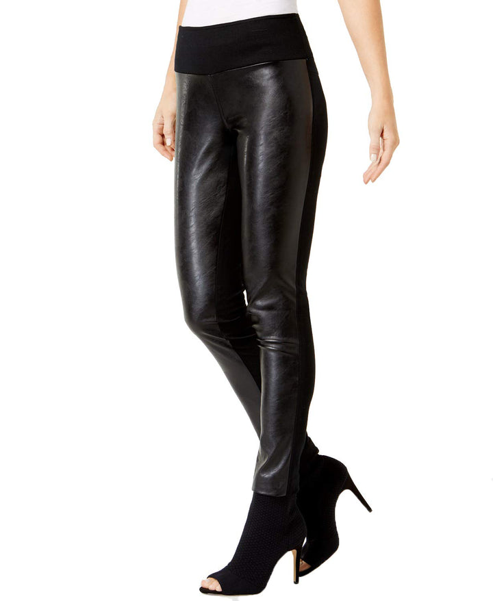 INC Petite Faux-Leather-Contrast Skinny Pants