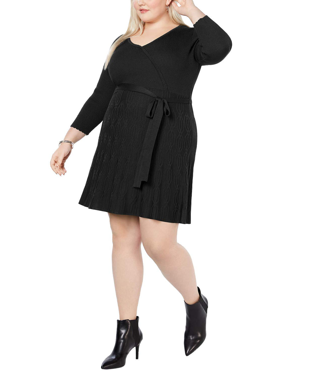 NY Collection Womens Faux Wrap Fit & Flare Sweater Dress - Black - 1XP NY Collection Womens Faux Wrap Fit & Flare Sweater Dress - Black - 1XP