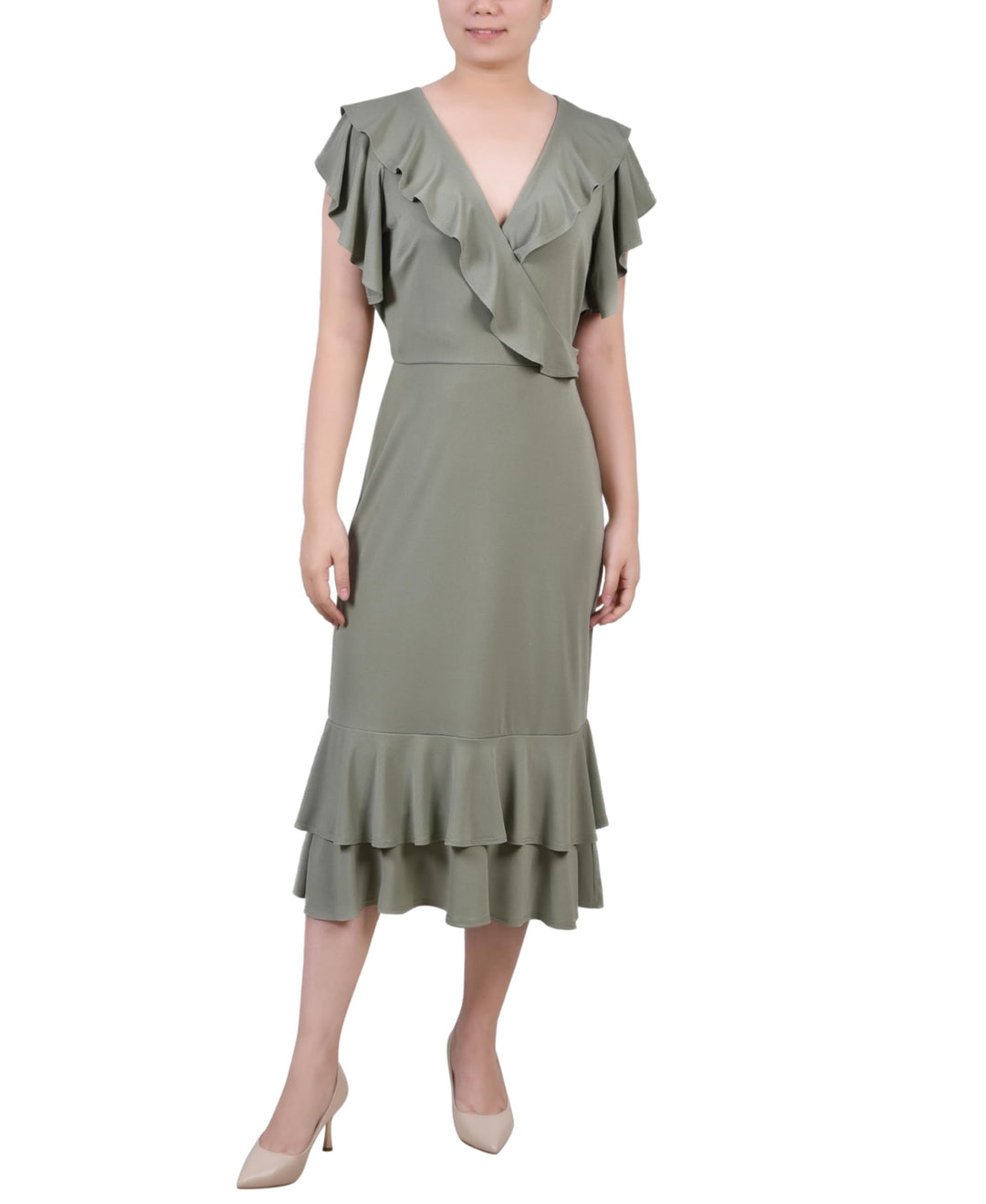 Petite Flutter Sleeve Ruffle Midi Dress