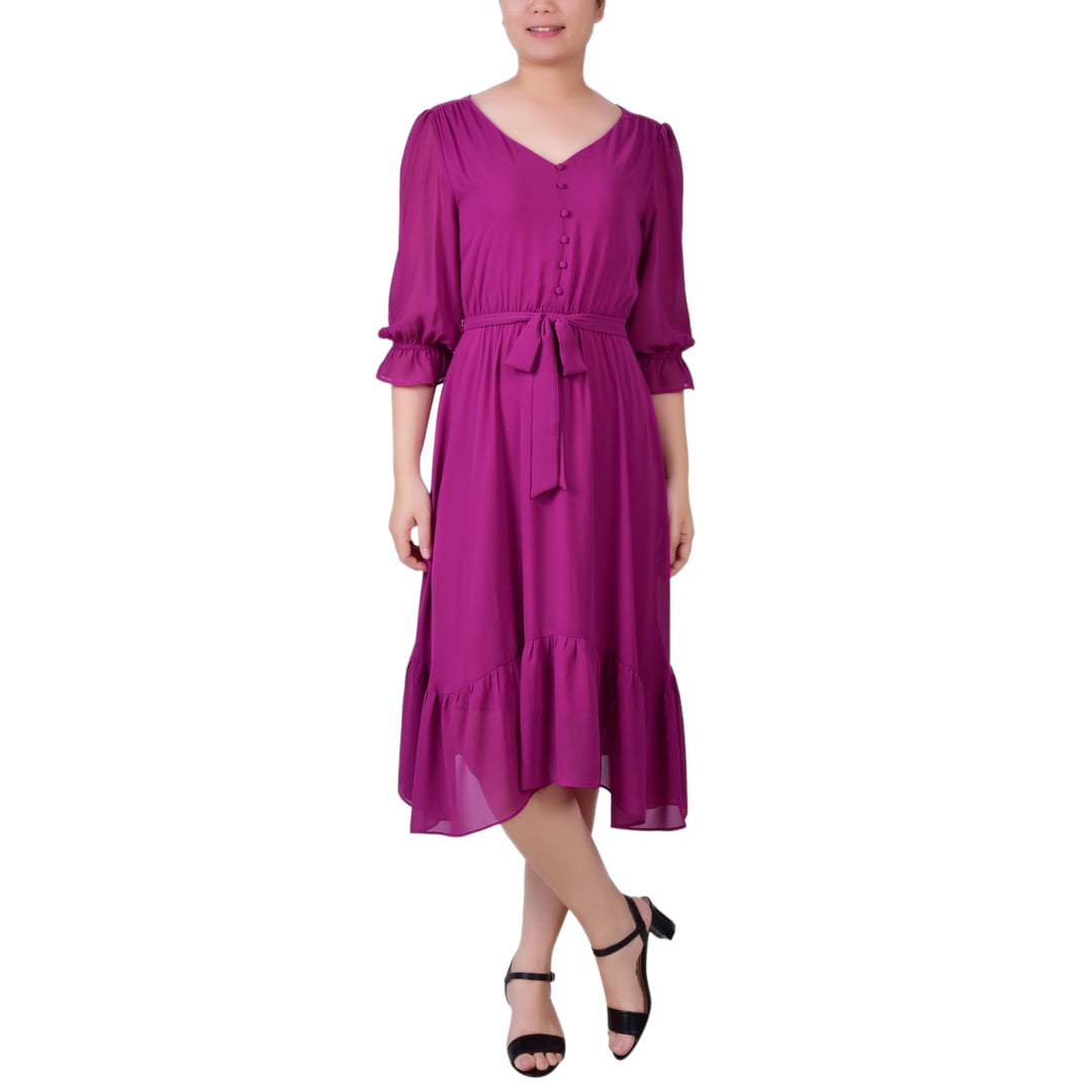 NY Collection Petite 3/4 Sleeve V Neck Flounced Dress