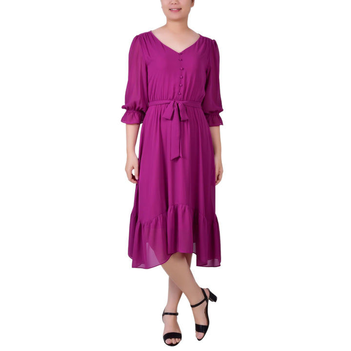 NY Collection Petite 3/4 Sleeve V Neck Flounced Dress