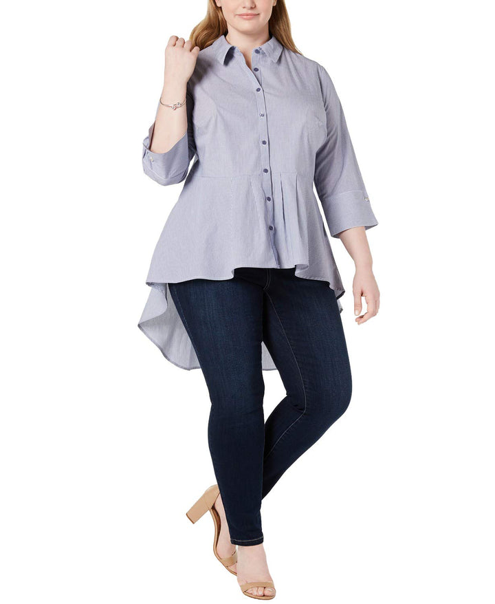 Plus Size Cotton Pleated High-Low Blouse
