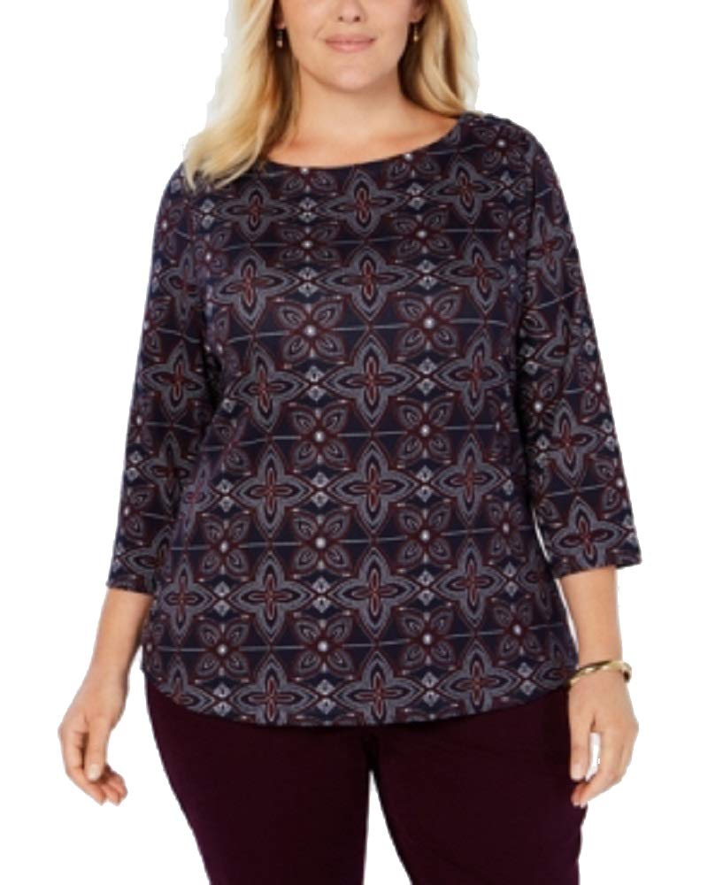 Plus Size Cotton Printed 3/4-Sleeve Top