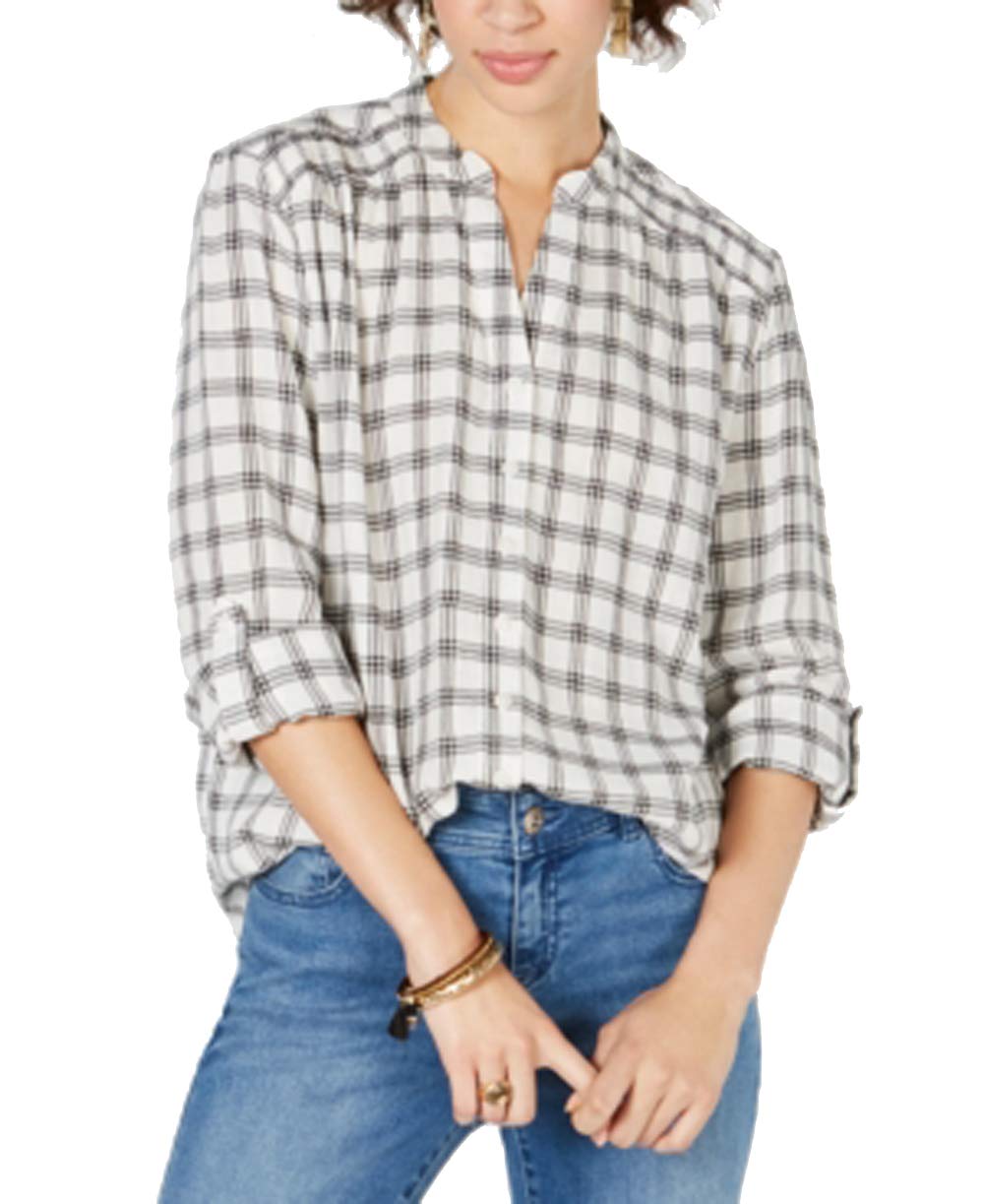 Cotton Smocked Plaid Button-Front Top