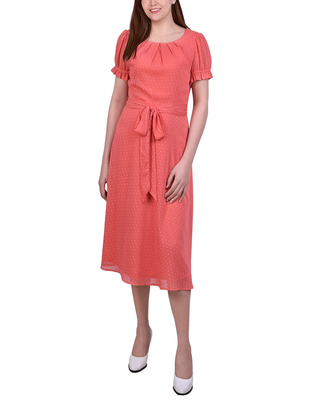 Petite Short Sleeve Belted Swiss Dot Dress