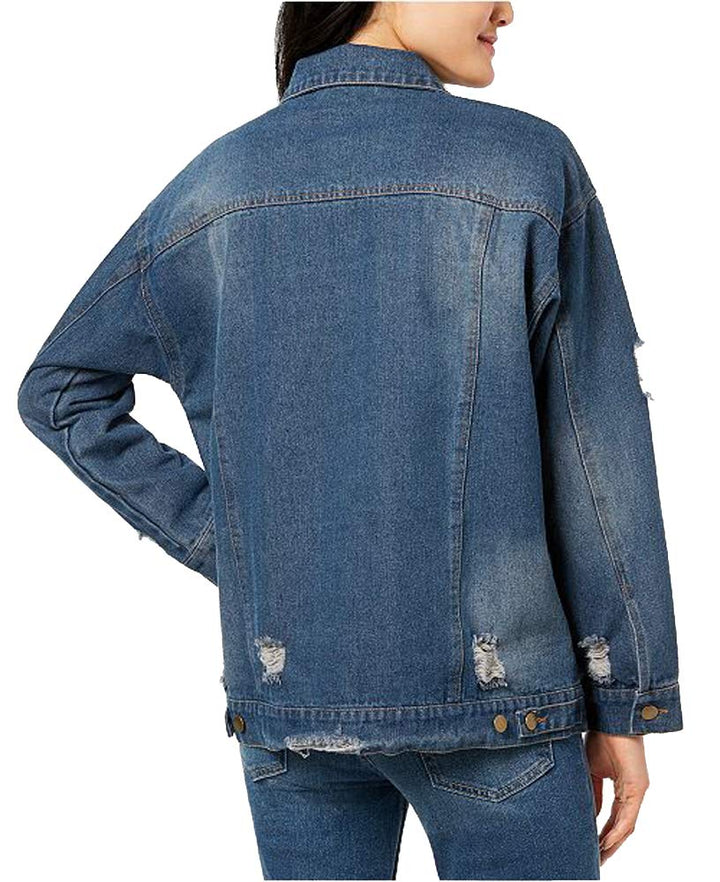 Juniors' Cotton Denim Ripped Trucker Jacket
