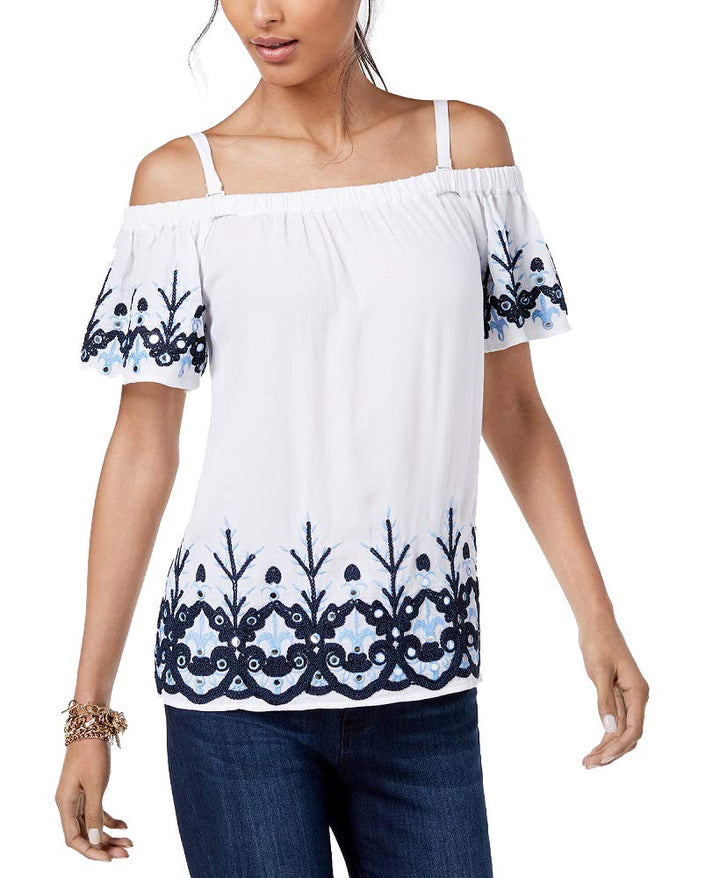 Embroidered Cold Shoulder Top