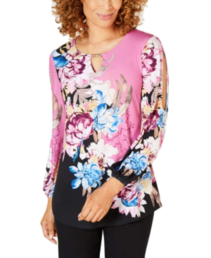 JM Collection Petite Split-Sleeve Keyhole Tunic (Peony Phoenix Floral, P/XS)