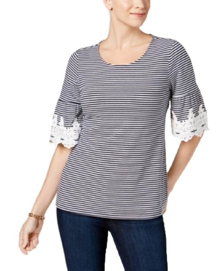 Charter Club Striped Crochet Detail Top