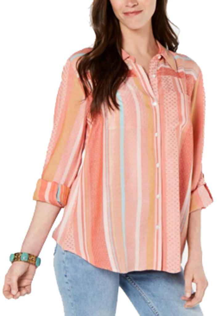 Roll-Tab-Sleeve Striped Top