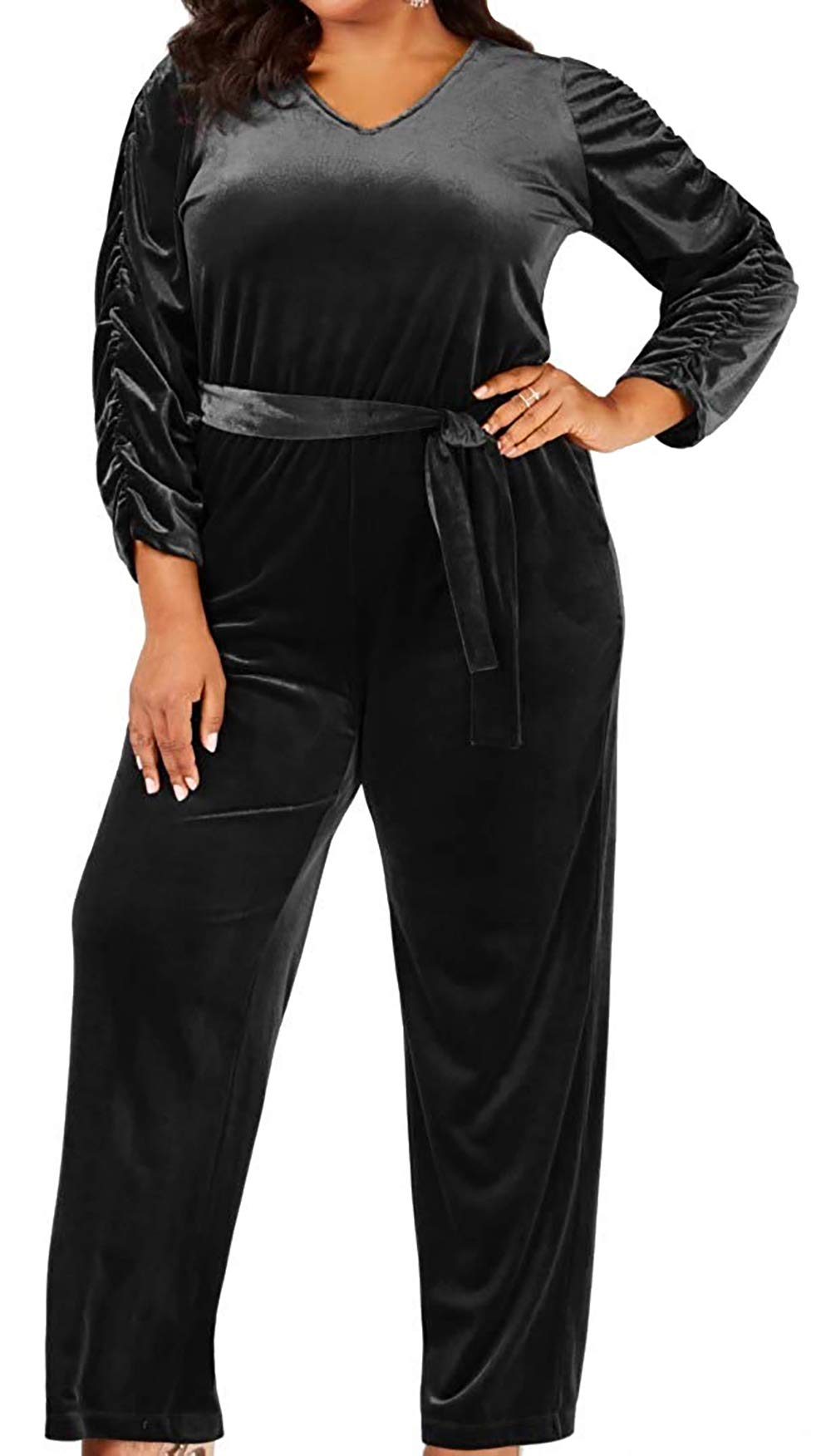 NY Collection Plus Size Belted Velvet Jumpsuit