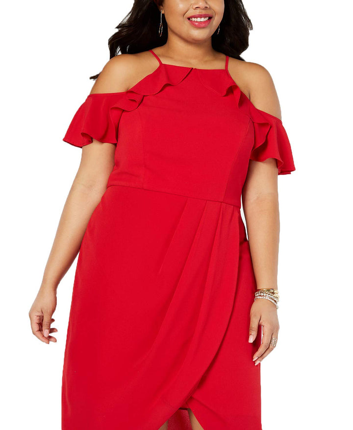 City Studios Plus Size Cold Shoulder Ruffle Trim Dress
