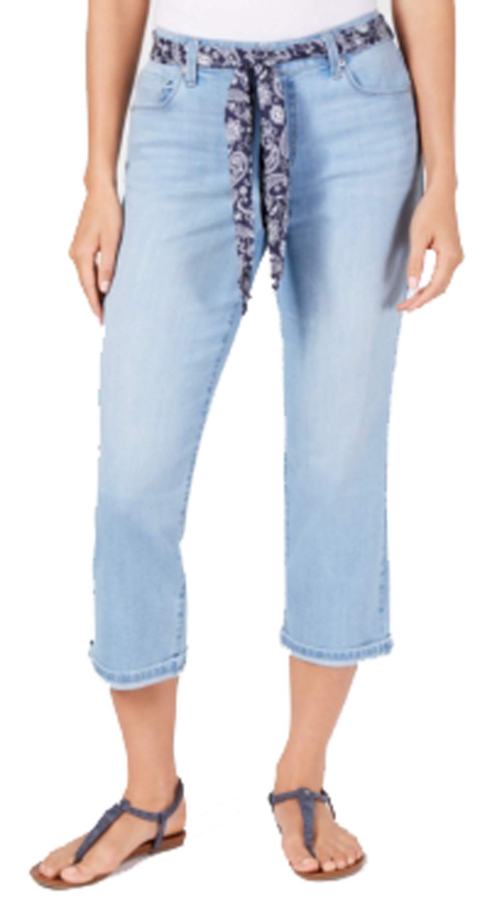 Petite Scarf-Belt Cuffed Capri Jeans