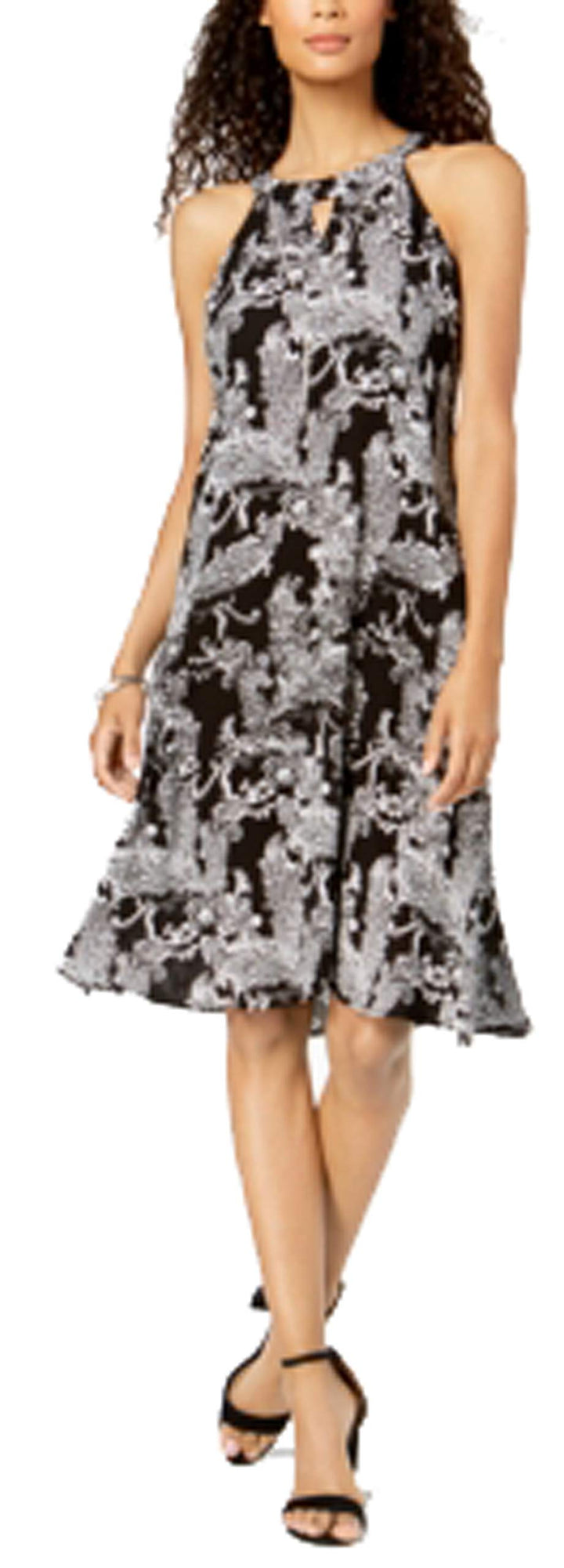 Petite Printed Keyhole-Neck Trapeze Dress with Necklace
