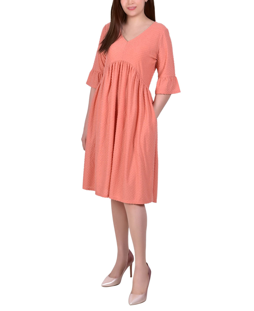 Petite Elbow Sleeve Swiss Dot Empire Dress