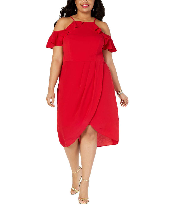 City Studios Plus Size Cold Shoulder Ruffle Trim Dress