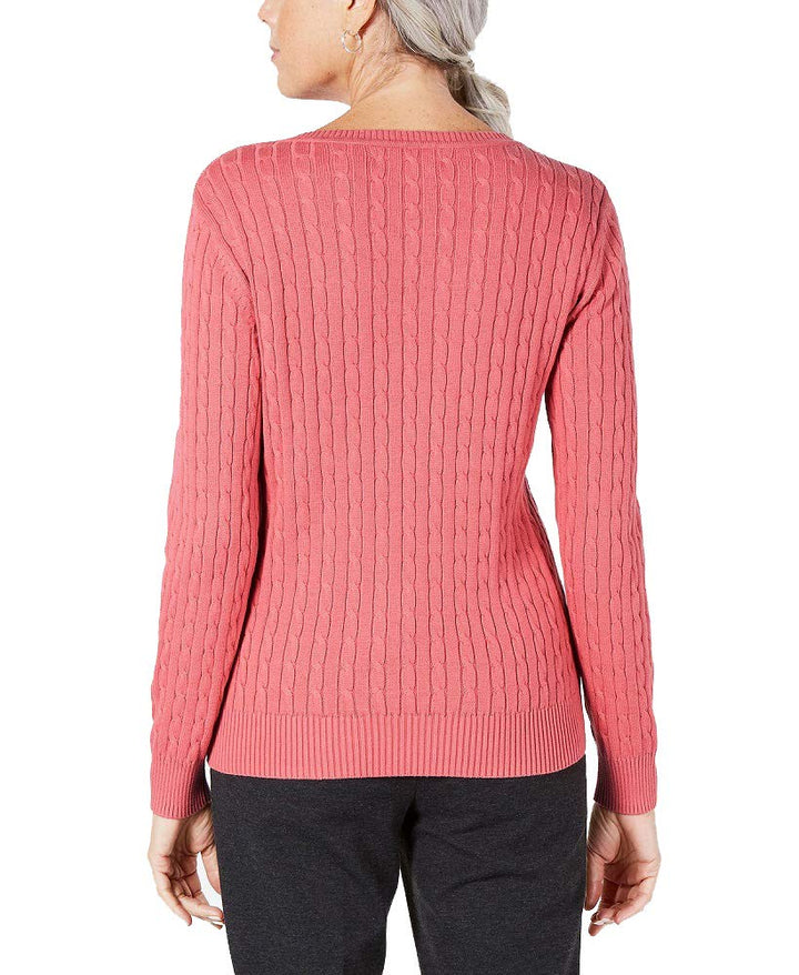 Karen Scott Cotton V Neck Cable Knit Sweater