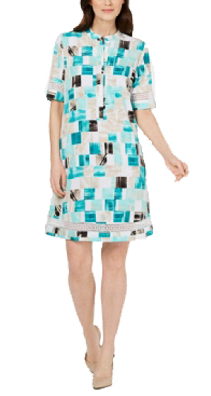 Square-Print Crochet-Trim Shirtdress