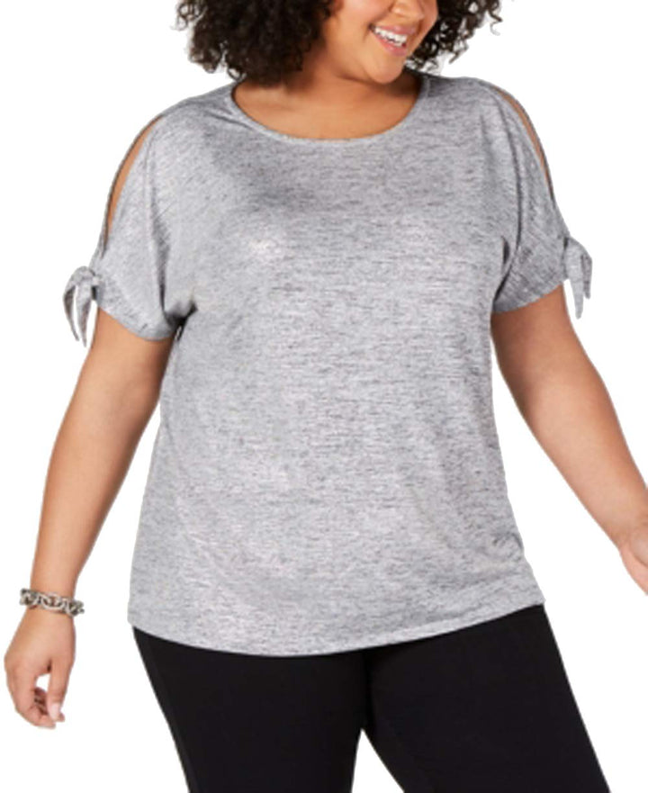 JM Collection Plus Size Cold-Shoulder Tie-Sleeve Top (Gray Foil, 2X)