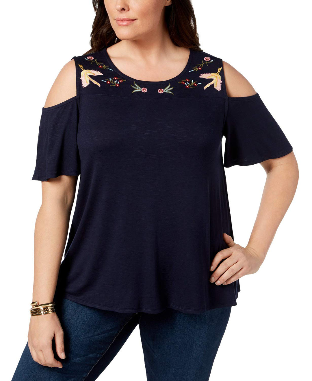 Style & Co Plus Size Embroidered Cold Shoulder Top