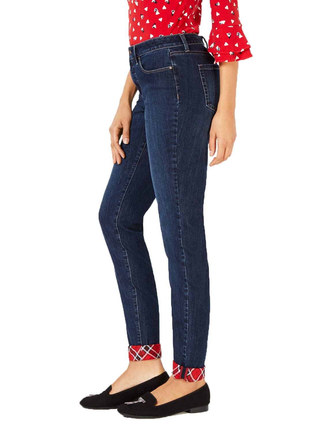 Plaid-Cuff Tummy-Control Skinny Jeans