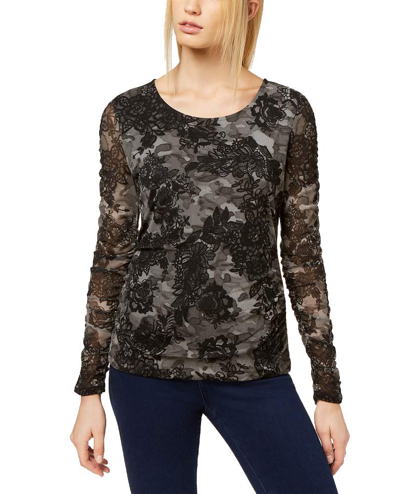 Lace Print Mesh Ruched Sleeve Top