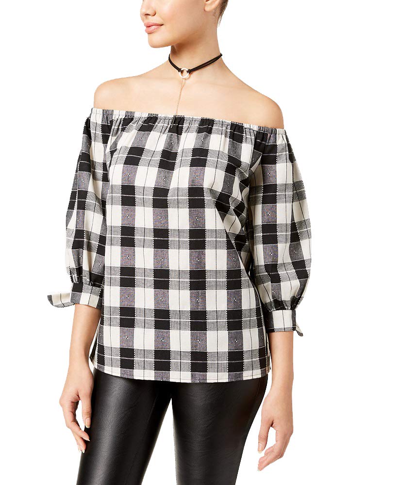 Say What Juniors Plaid Off The Shoulder Top