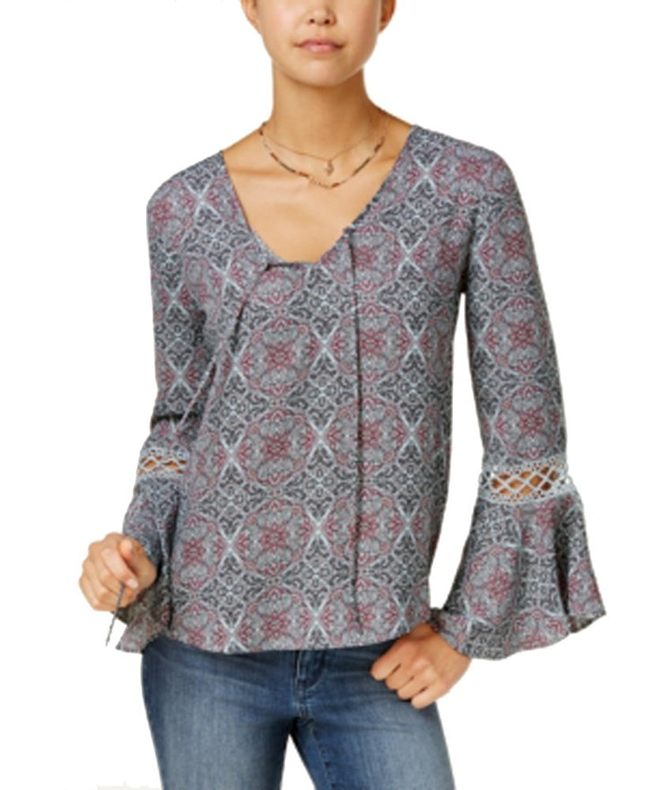 Hippie Rose Juniors Printed Crochet Bell Sleeve Top
