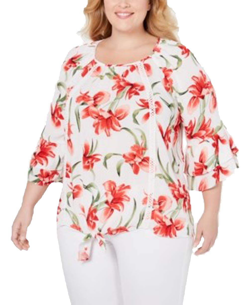 JM Collection Plus Size Floral Print Tie Hem Top