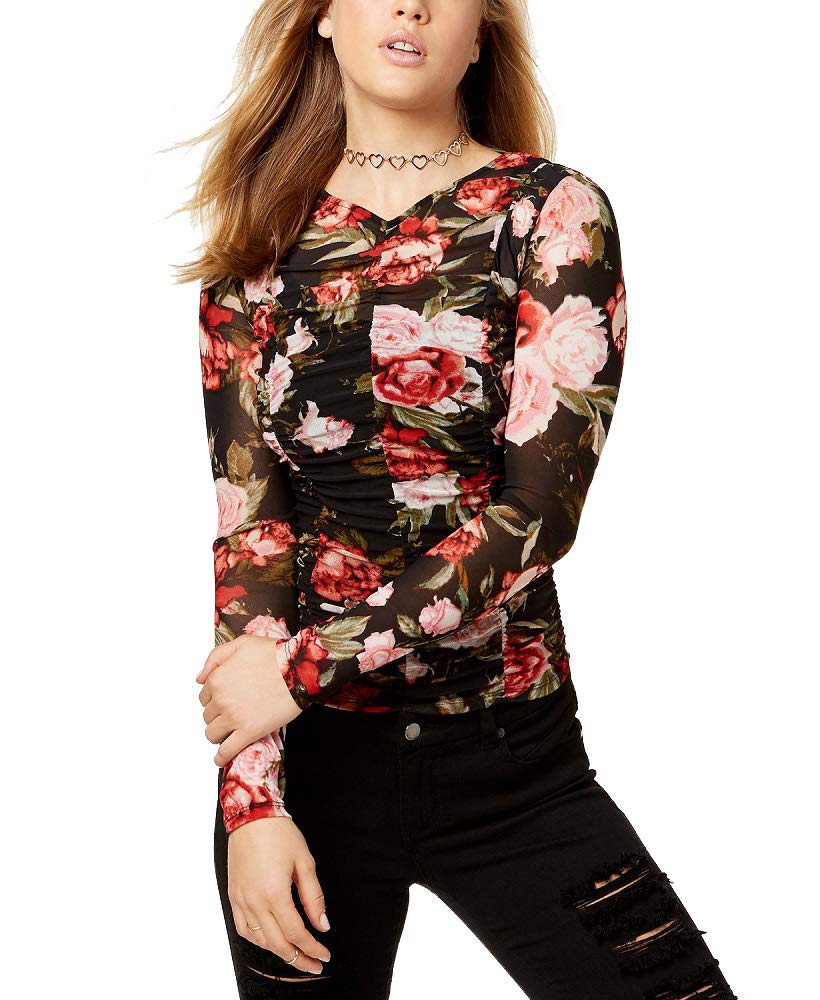 Material Girl Juniors Ruched Rose Print Mesh Top