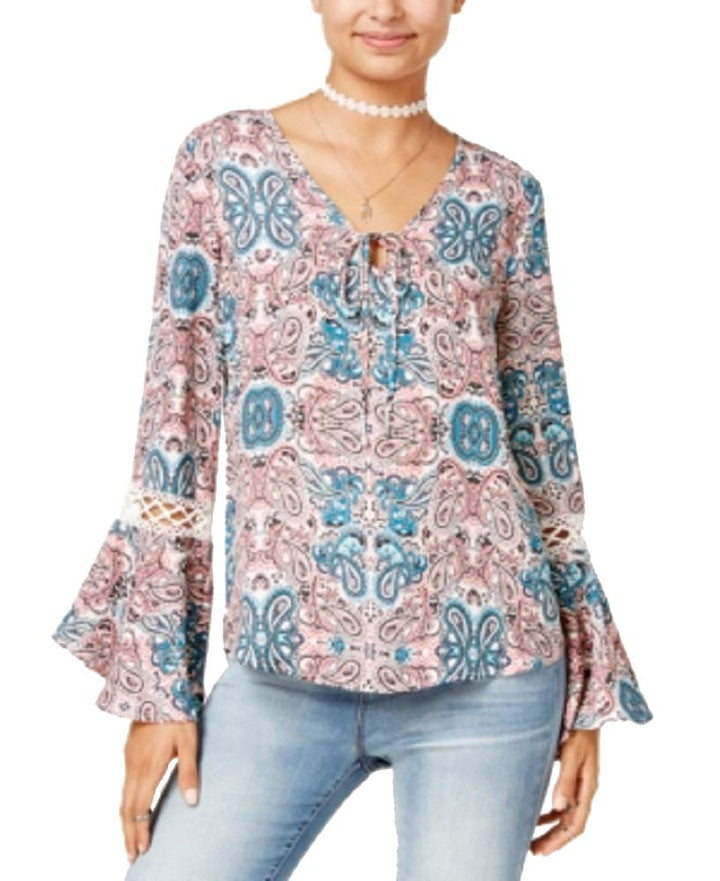 Hippie Rose Juniors Printed Crochet Bell Sleeve Top