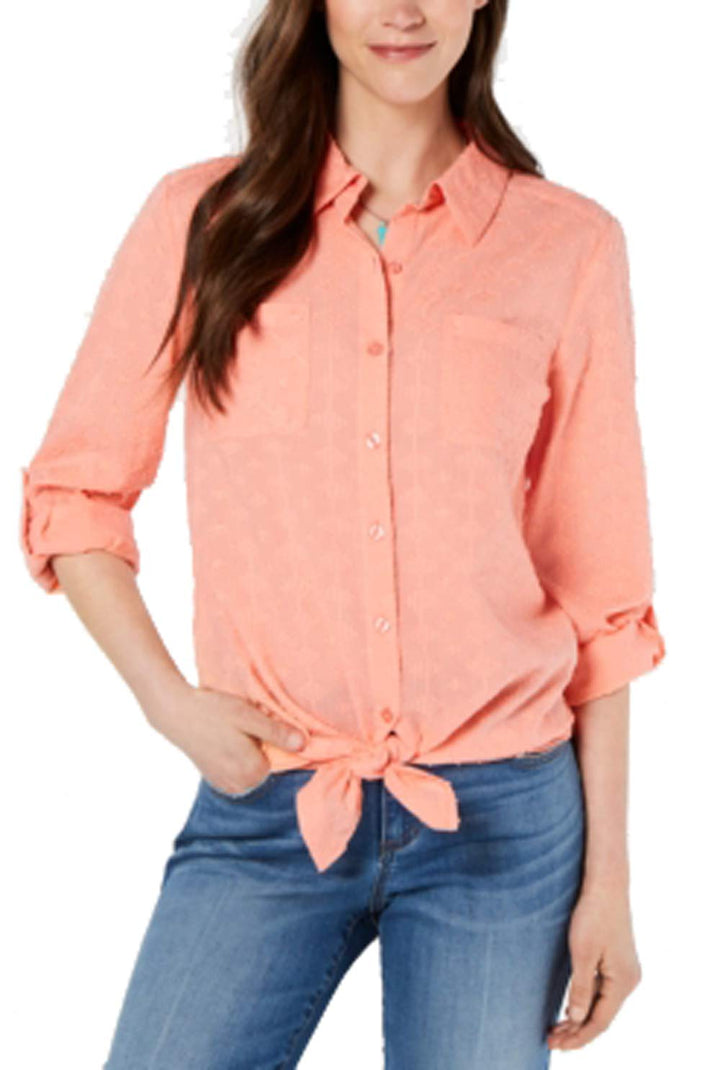 Button-Down Tie-Hem Cotton Top
