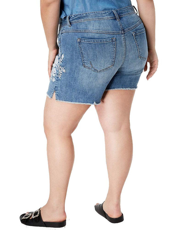Plus Size Embroidered Tummy Control Denim Shorts