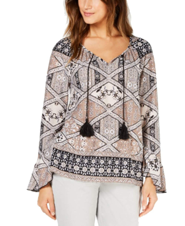 Printed Tassel-Tie Ruffle-Cuff Top