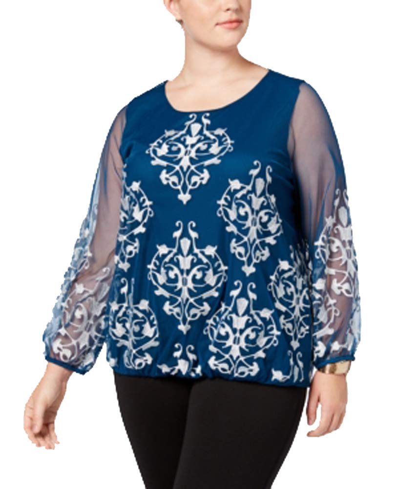 Alfani Plus Size Embroidered Mesh Sleeve Blouse