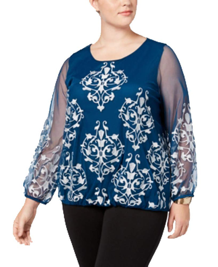 Alfani Plus Size Embroidered Mesh Sleeve Blouse