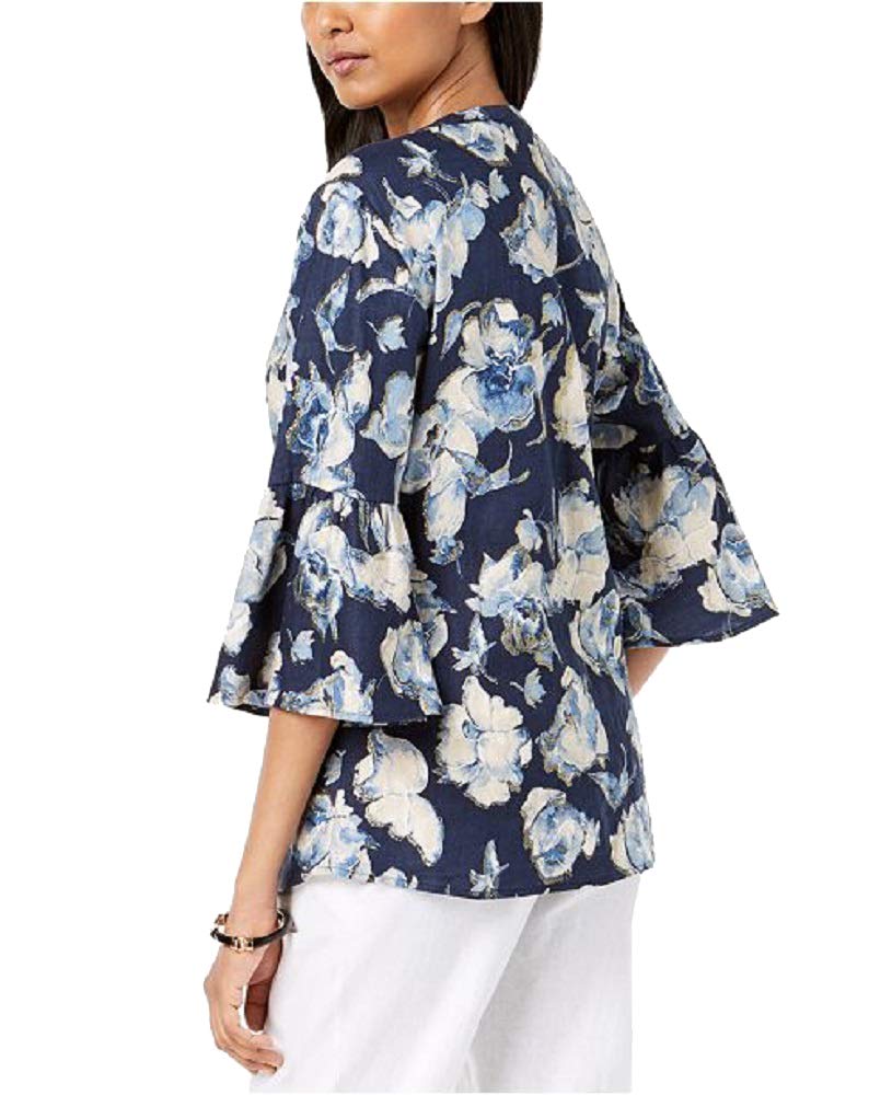 JM Collection Linen Floral Print Bell Sleeve Shirt