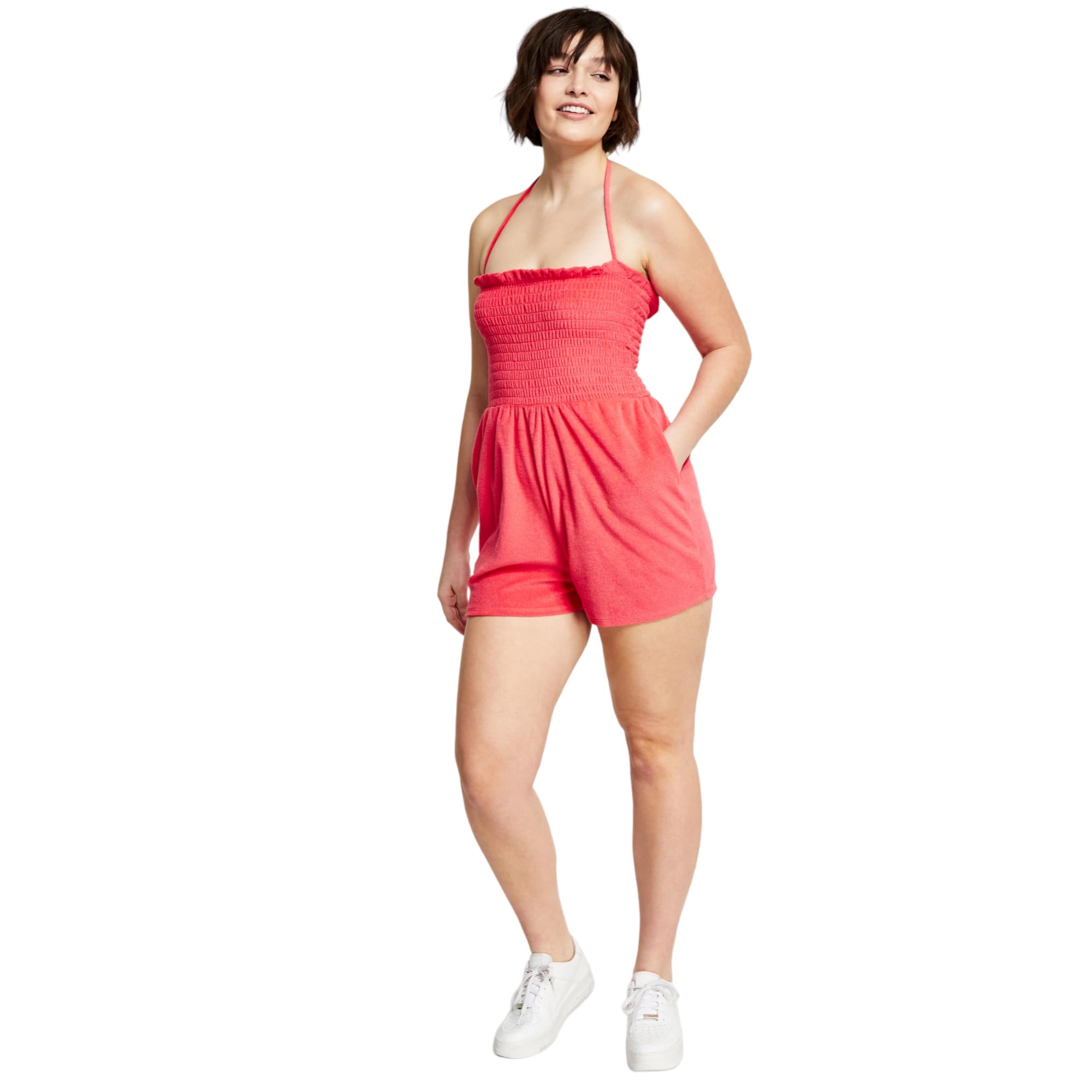 Bar III Womens Tie Neck Terry Cloth Romper