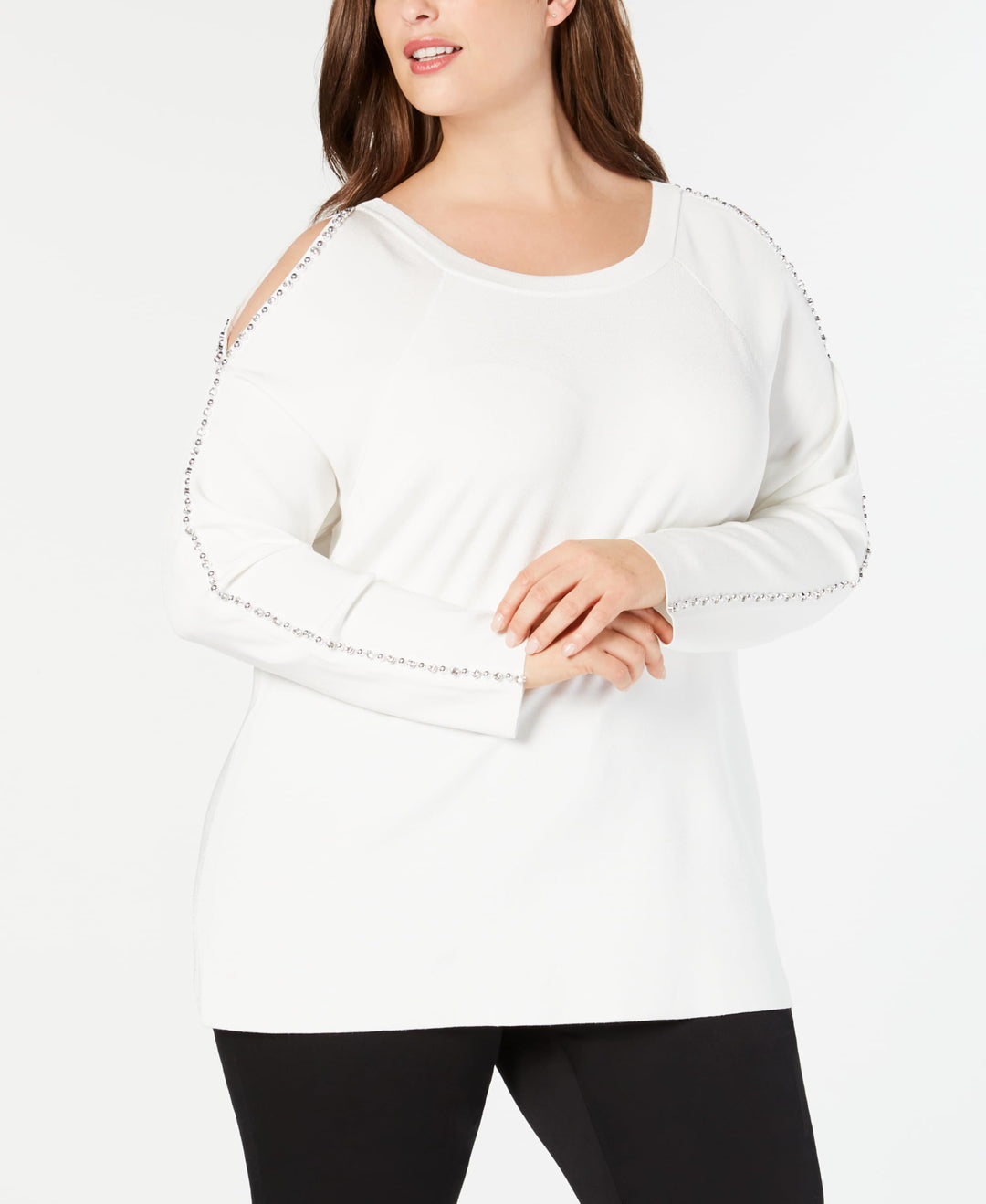I.N.C. Plus Size Rhinestone-Trim Cold-Shoulder Sweater