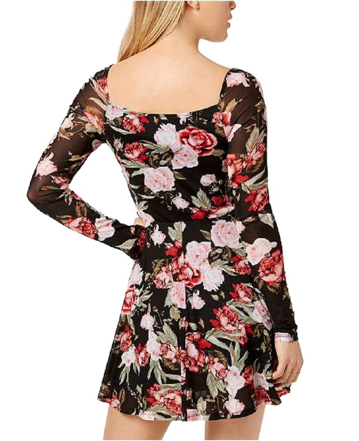 Juniors' Rose-Print Mesh Fit & Flare Dress