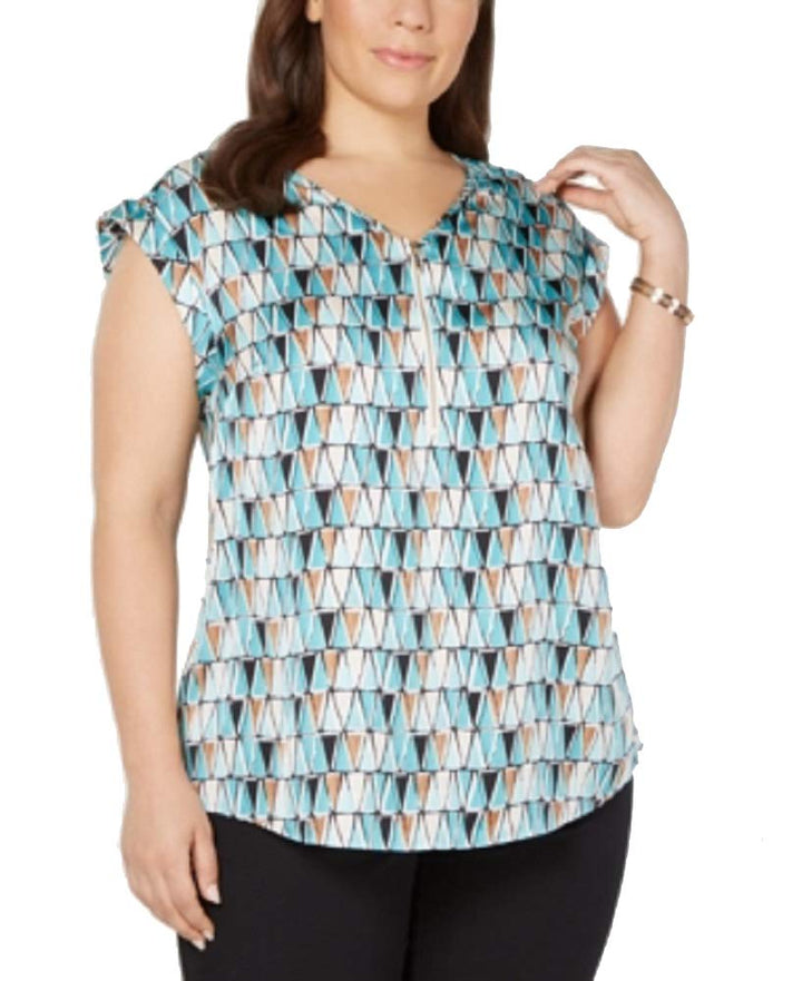 JM Collection Plus Size Printed Zip Neck Top